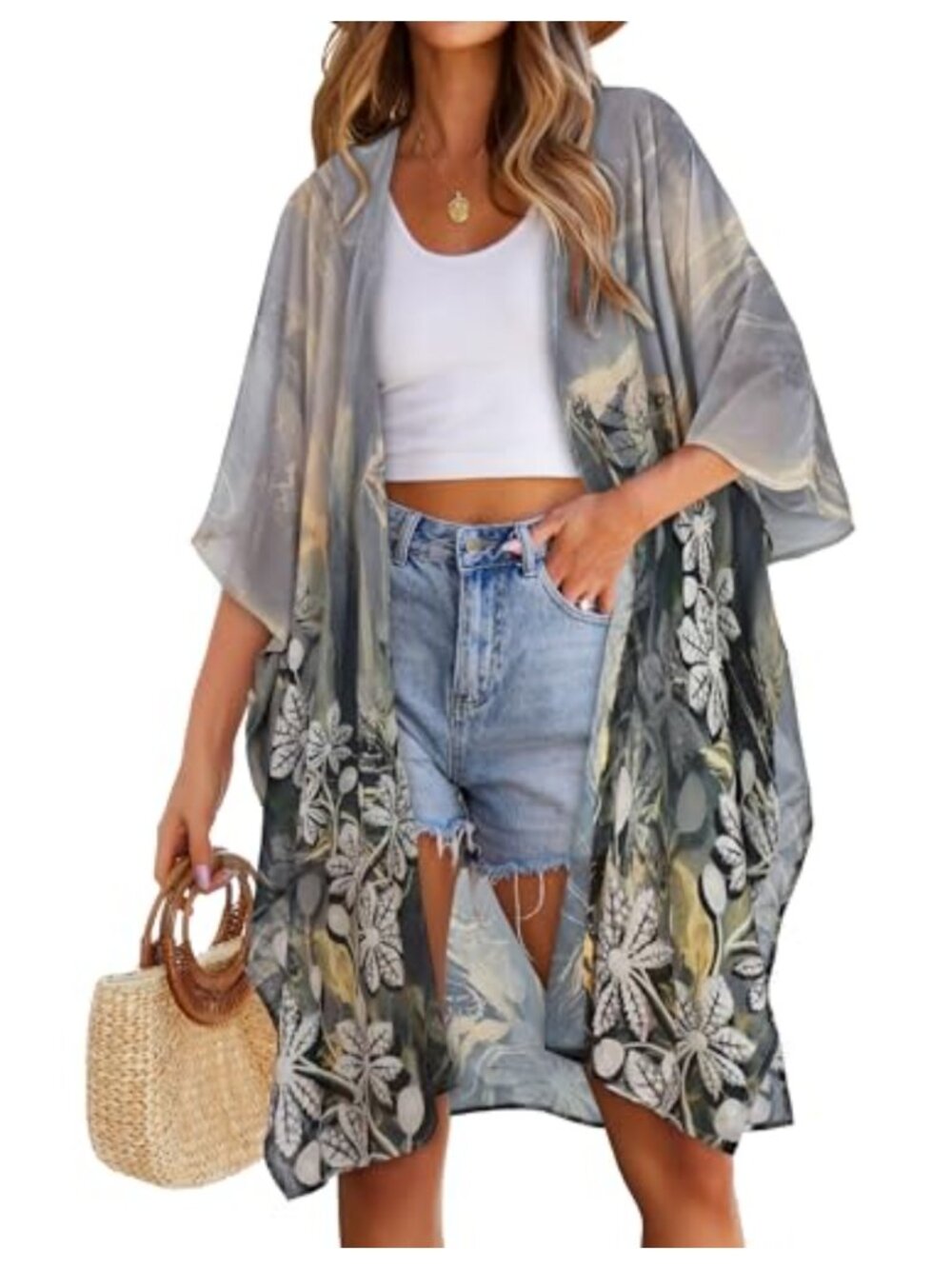 Women's Long Chiffon Kimono Beach Cover-Up Floral Print Swimwear
